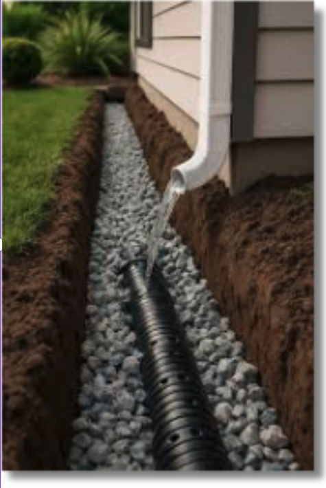 Drainage solutions and downspout redirection protecting home foundation in Maine